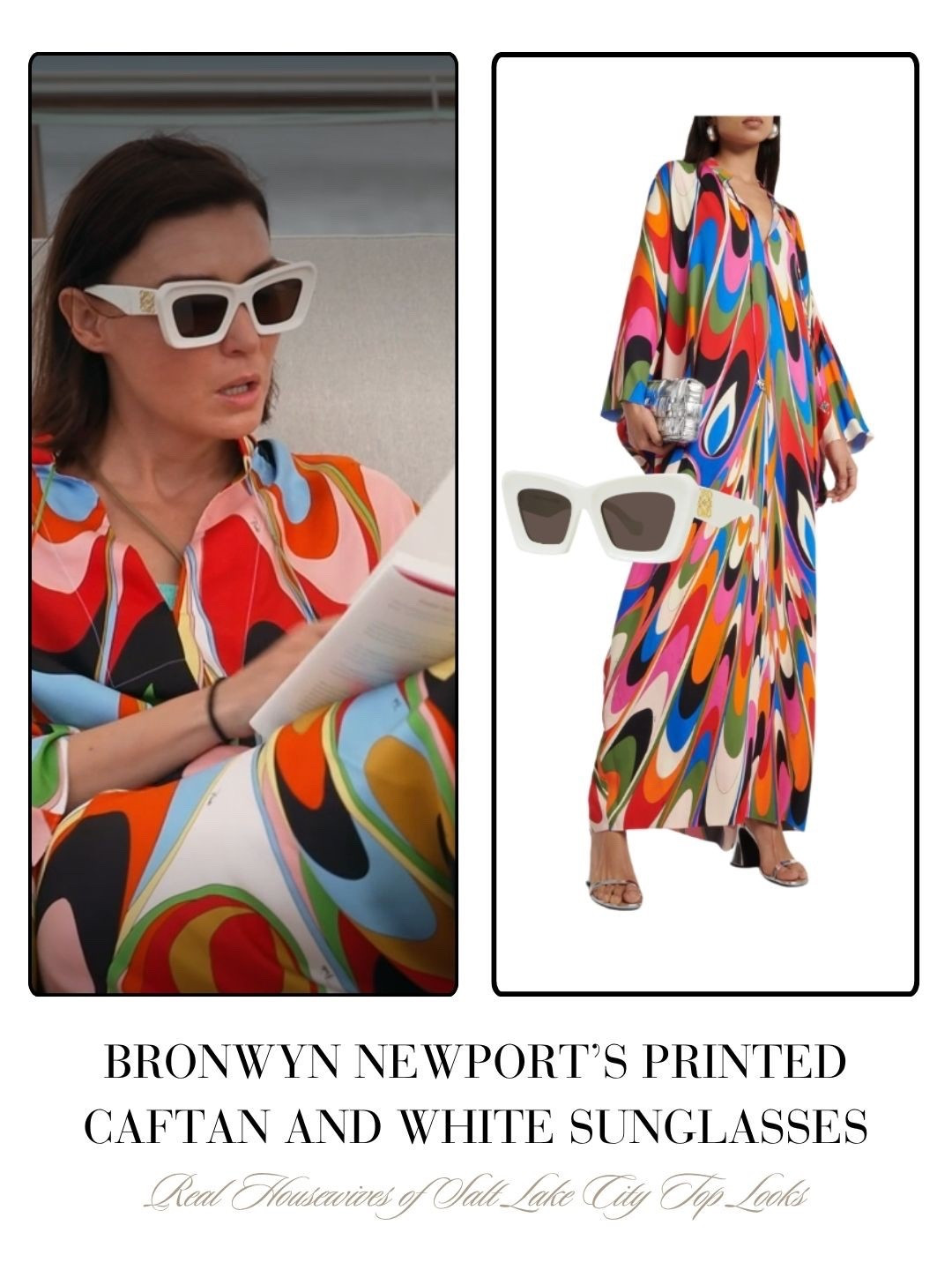 Bronwyn Newport’s Printed Caftan and White Sunglasses 