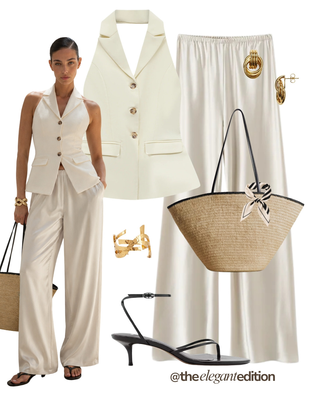 CREAM HALTER VEST LOOK 🤍 — Cream halter blazer vest, ivory satin wide-leg trousers, straw tote with silk scarf, black kitten heel sandals and gold knot earrings. Effortlessly elegant for summer.
#summeroutfit #oldmoney #quietluxury #LTKsummer #LTKstyletip 

 #LTKeurope #LTKsummer #LTKstyletip