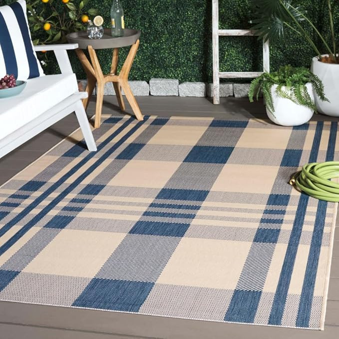 SAFAVIEH Washable Rug Outdoor Courtyard Collection - 4' x 5'7", Beige & Blue, Plaid Pattern, Non-... | Amazon (US)