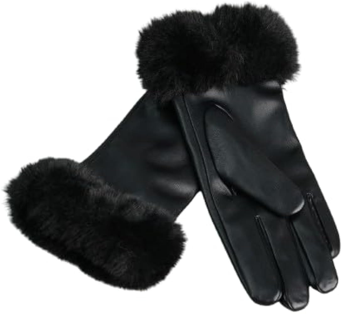 Faux Fur Trimmed Vegan Leather Gloves, Black, Ribbed Knit Cuff, Cozy & Stylish for Cold Weather | Amazon (US)