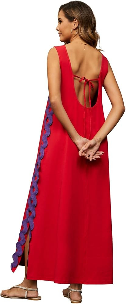 CHARTOU Women RIC Rac Open Back Beach Boho Long Summer Sleeveless Tank Dress with Pockets | Amazon (US)
