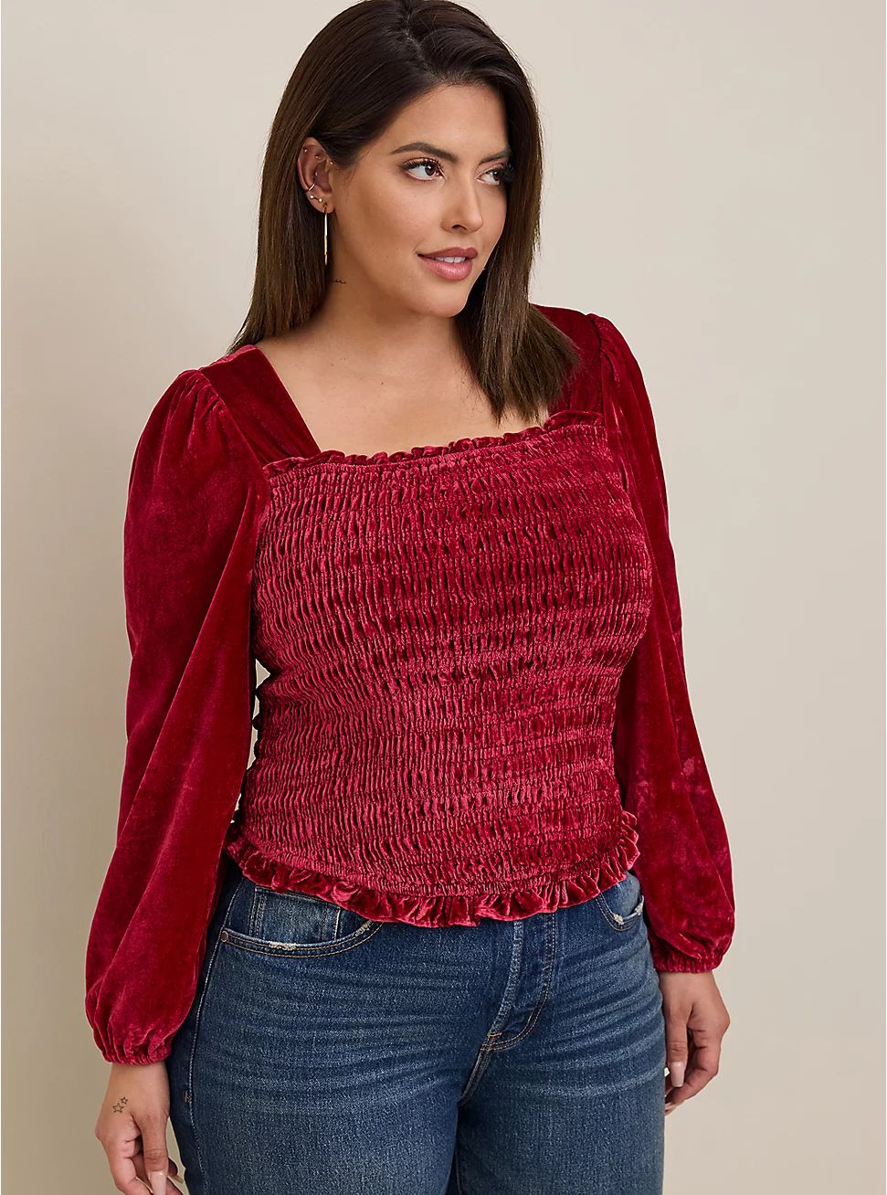 Velvet Smocked Blouson Sleeve Crop Top | Torrid (US & Canada)