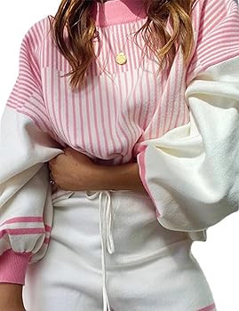 Arssm 2 Piece Sets for Women Casual Striped Long Sleeve Knit Crewneck Pullover and Short Wide Lou... | Amazon (US)