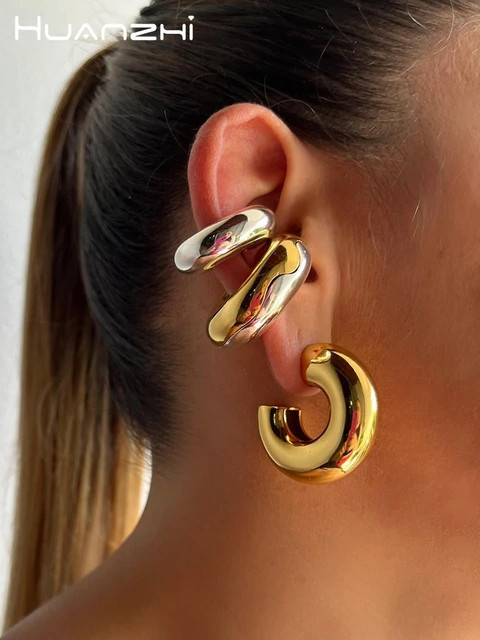 HUANZHI Stainless Steel Thick Cylindrical Tube Hollow Earrings for Women Ear Clip Chunky Metal Ge... | AliExpress (US)
