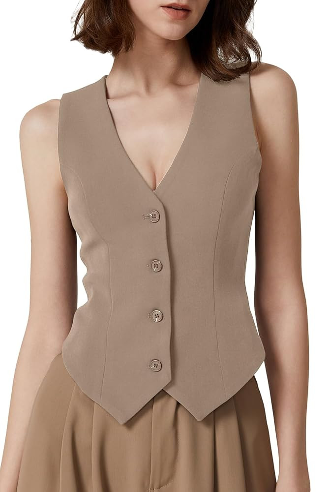 QINSEN Womens V Neck Vest Top Sleeveless Button Down Fully Lined Solid Going Out Crop Tops | Amazon (US)