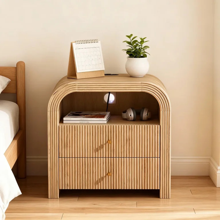 OKD Fluted Nightstand with Charging Station, Modern End Table with 2 Drawers and Metal Handles fo... | Walmart (US)