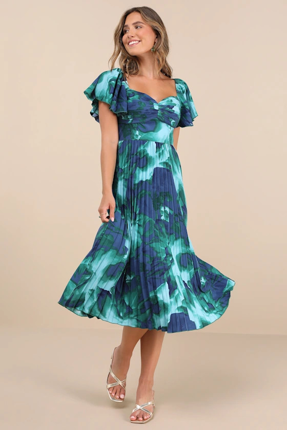 Authentically Yours Teal Multi Abstract Print Satin Midi Dress | Lulus