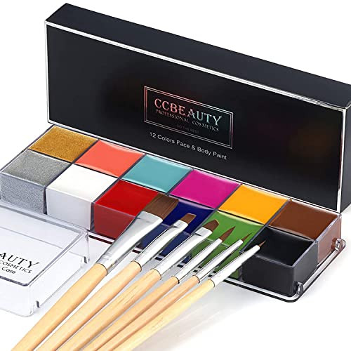 CCbeauty Professional 12 Colors Face Body Paint Kit Oil Non Toxic High Pigment Creamy Painting Palette for Halloween Costume Fancy SFX Cosplay Stage Makeup Set with 6 Wooden Premium Brushes, Deep | Amazon (US)