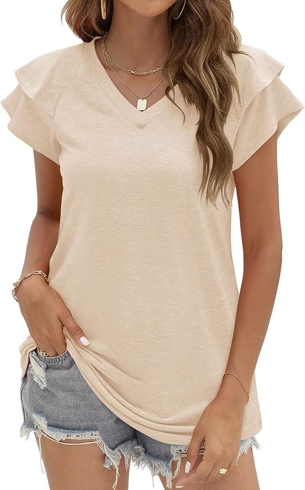 Panesare Women Summer Casual Ruffle Short Sleeve Loose Fitting V Neck T-Shirts Tunic Tops | Amazon (US)
