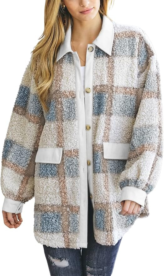 uoDim Womens Plaid Shacket Jacket Long Sleeve Button Down Fuzzy Teddy Jacket Coat Fall Winter Out... | Amazon (US)