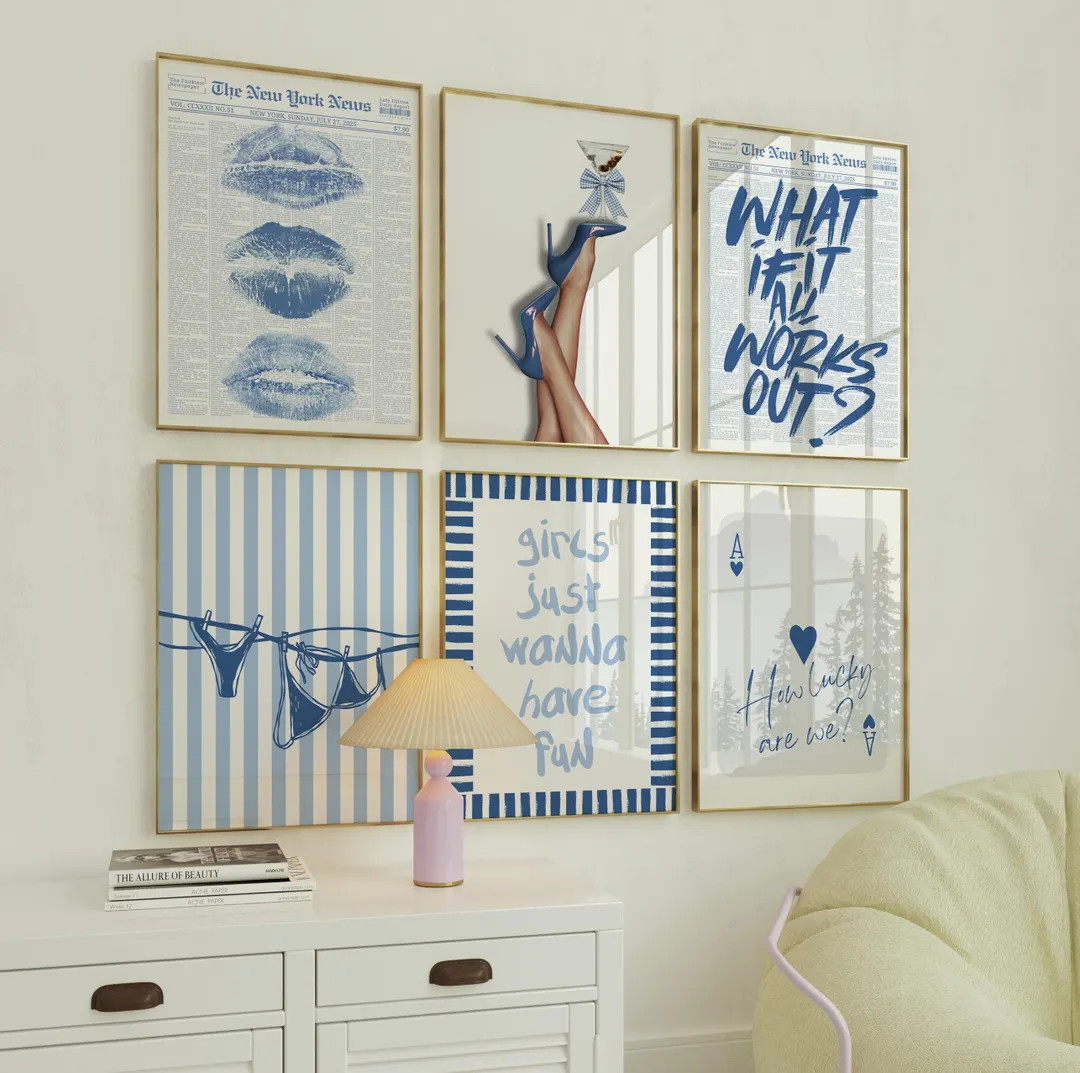 Retro Y2K Coquette Wall Art Set of 6 | Blue Aesthetic Prints, Just a Girl, How Lucky Are We Quote... | Etsy (US)