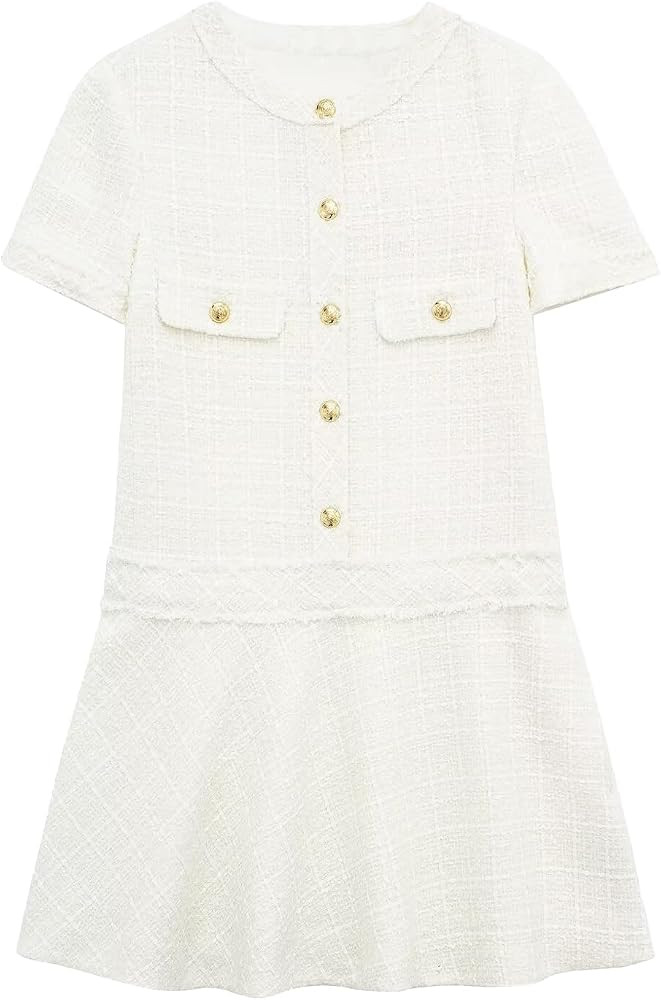 Xaspee Women's Short Sleeve Tweed Dress Crewneck Button Down Elegant Casual Textured Mini Dress w... | Amazon (US)