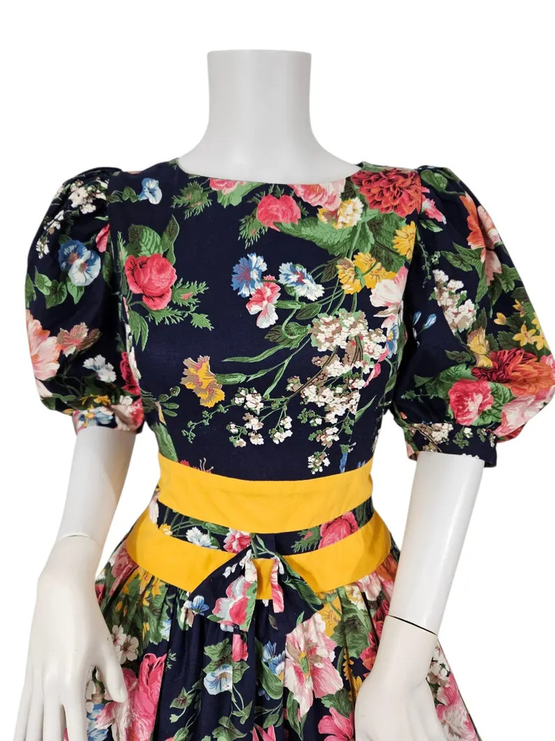 Patty O'Neil 1980s Navy Blue Floral Garden Party Fit & Flare Cotton Dress Med | Etsy (Global)