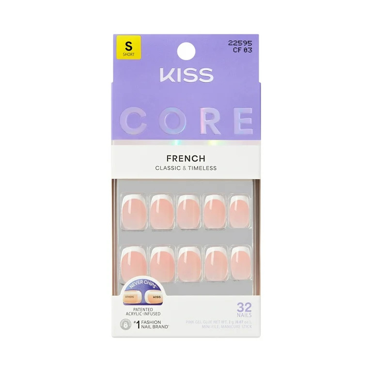 KISS CORE French Tip Press On Nails, ‘Snapshot’, White, Short Squoval, 32 Count | Walmart (US)