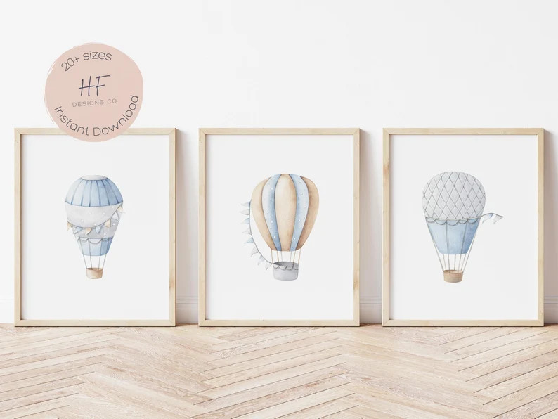Watercolor Hot Air Balloon Wall Art, Blue Gray Nursery Decor, Boy Baby Shower Gift, Travel Nurser... | Etsy (US)