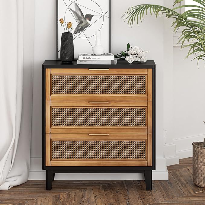 Farmhouse 3-Drawer Nightstand, Woven Cane Front Accent Dresser with Brass Pull, Fully-Assembled, ... | Amazon (US)