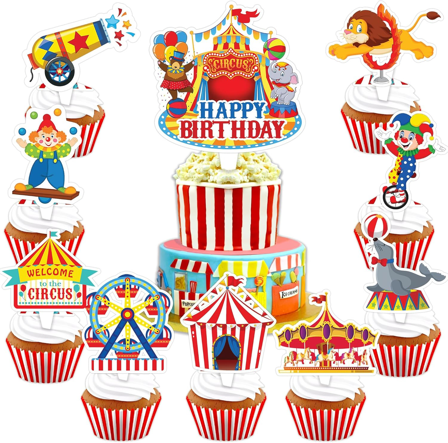 Carnival Circus Cake Topper Picks, 25 PCS Carnival Circus Cupcake Toppers Cake Decorations Hallow... | Amazon (US)