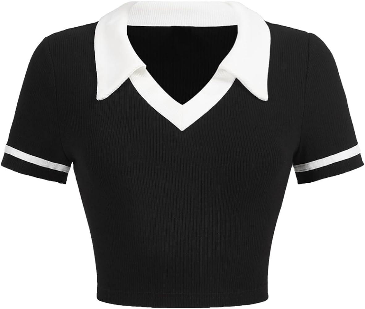 Verdusa Women's Short Sleeve Collar Neck Colorblock Contrast Binding Ribbed Knit Crop Top Shirt | Amazon (US)