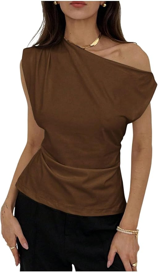 MakeMeChic Women's Summer Off The Shoulder Asymmetrical Tank Top Cinched Waist Tie Back Business ... | Amazon (US)
