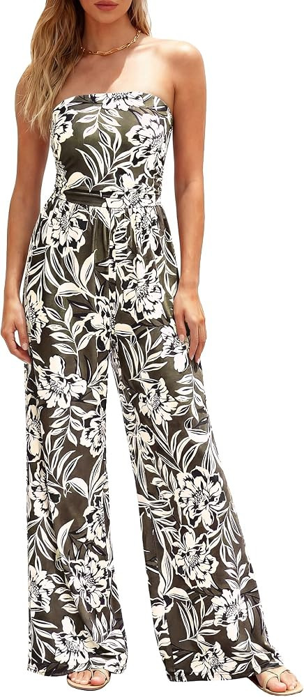 BTFBM Jumpsuits For Women Casual 2026 Floral Strapless Jumpsuit Wide Leg Rompers Beach Vacation C... | Amazon (US)