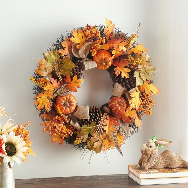 Way to Celebrate Pumpkins and Leaves Harvest Wreath, 24" | Walmart (US)