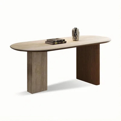 Beige + Brown Oval Sintered Stone + Solid Wood Dining Table | Wayfair North America