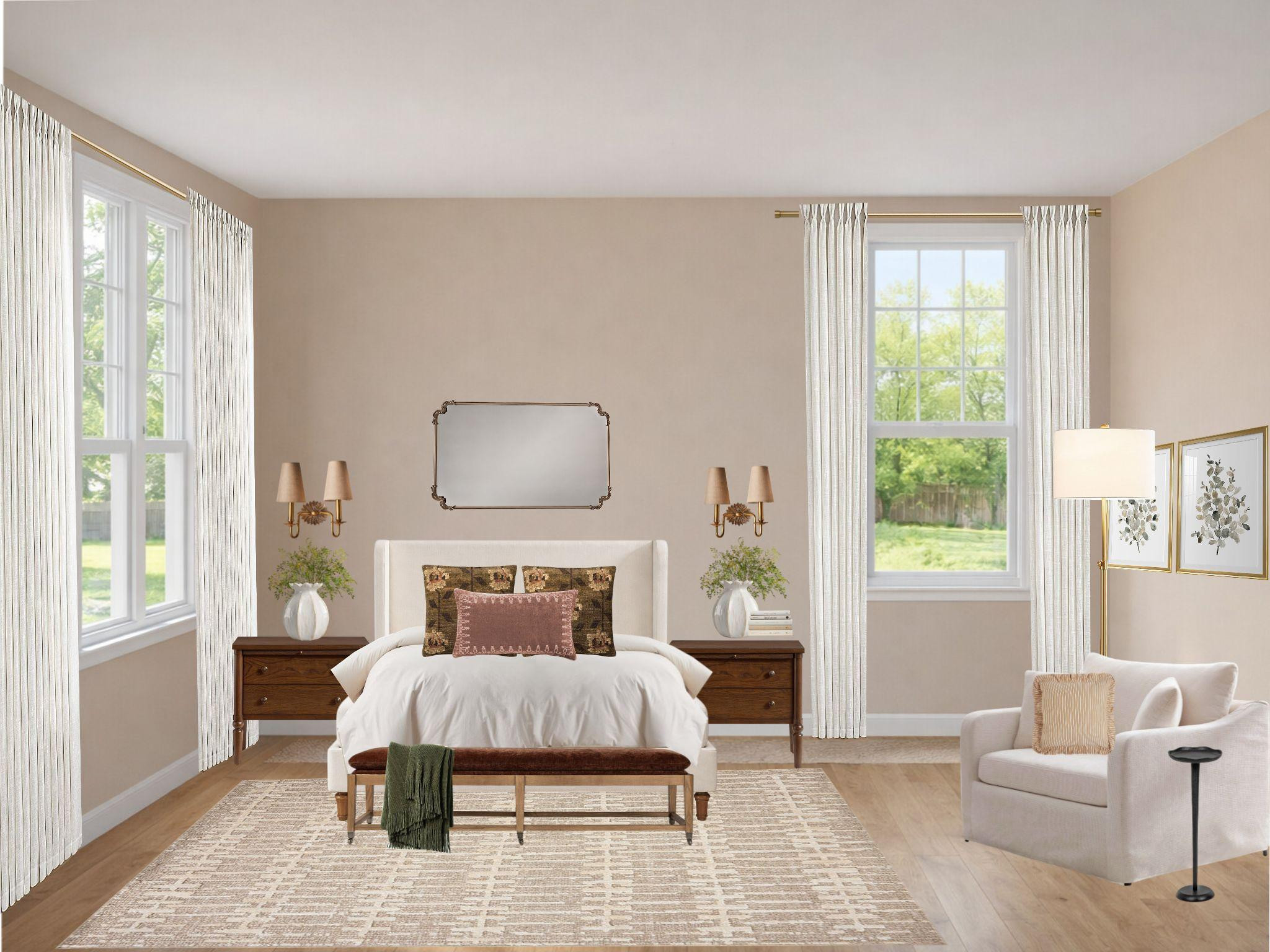 Warm neutrals, layered textures, and timeless details 🤎✨ This bedroom was designed to feel effortlessly calm and inviting—where classic elements meet modern comfort.

From the rich wood tones to the soft linen drapery and tailored upholstery, every piece works together to create a space that feels both elevated and livable. 

 #LTKHome #LTKSaleAlert