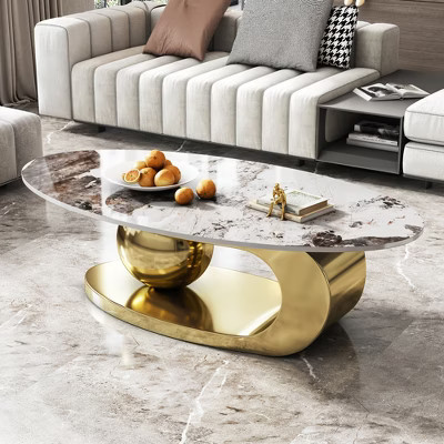 KWPZQEB 49.2" Oval Coffee Table, Luxury Center Table with Faux Marble Desktop, Cocktail Table with Stainless Steel Base for Living Room, Gold | Target