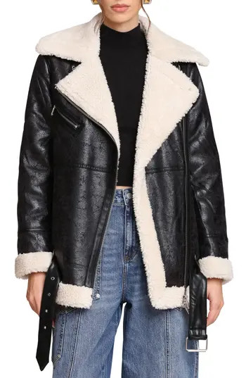 Avec Les Filles Faux Leather Biker Jacket with Faux Shearling Collar in Black-Cream at Nordstrom Rack, Size Small | Nordstrom Rack