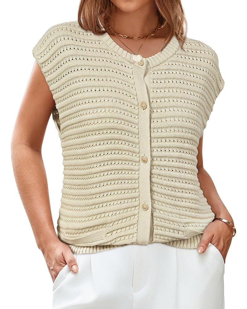 Arach&Cloz Women Cap Sleeve Sweater Vest 2025 Summer Crochet Button Down Knit Cardigan Loose Busi... | Amazon (US)