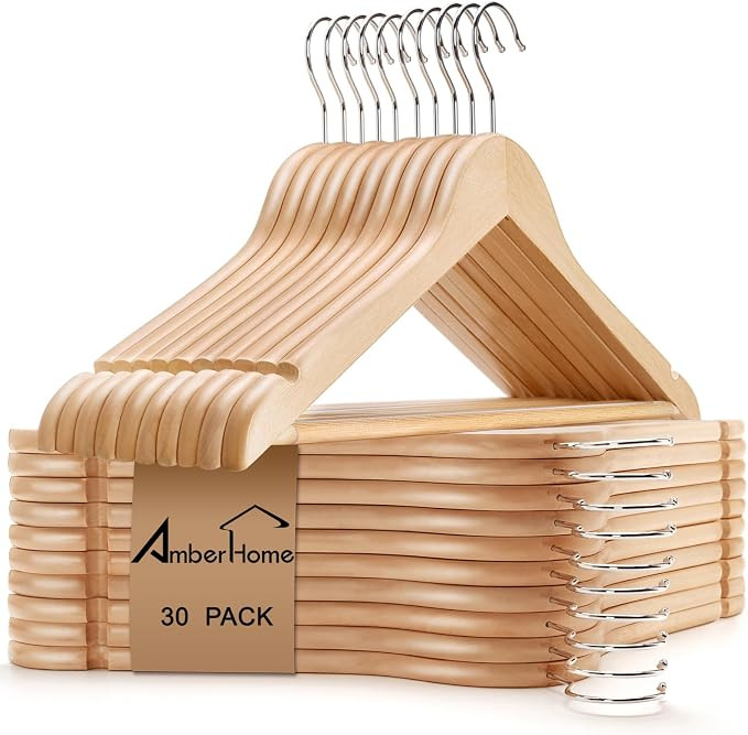 Amber Home 30 Pack Wooden Coat Hangers, Natural Wood Suit Hangers with Non-Slip Pant Bar, Clothes... | Amazon (US)