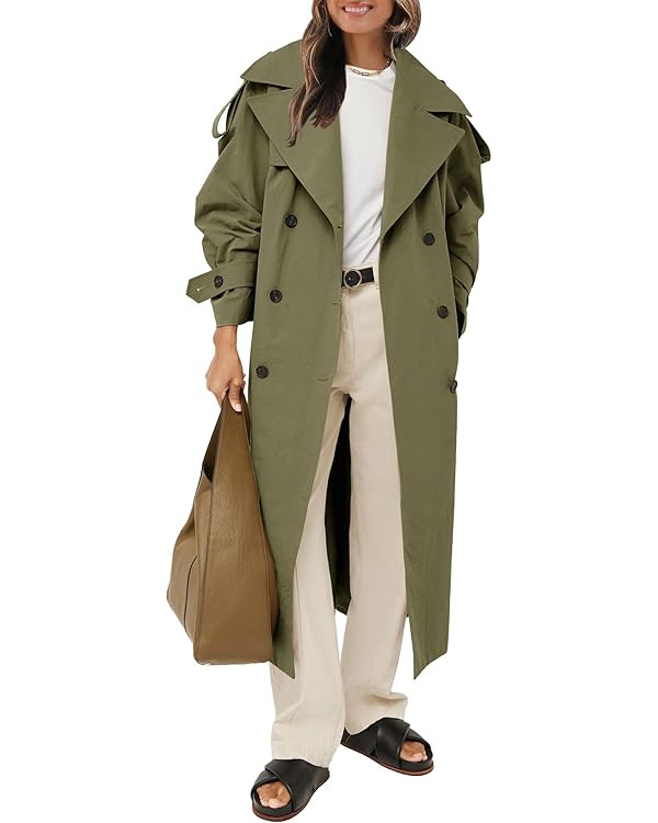 Farktop Womens Oversized Long Trench Coat Double Breasted Lapel Windproof Overcoat with Belt | Amazon (US)