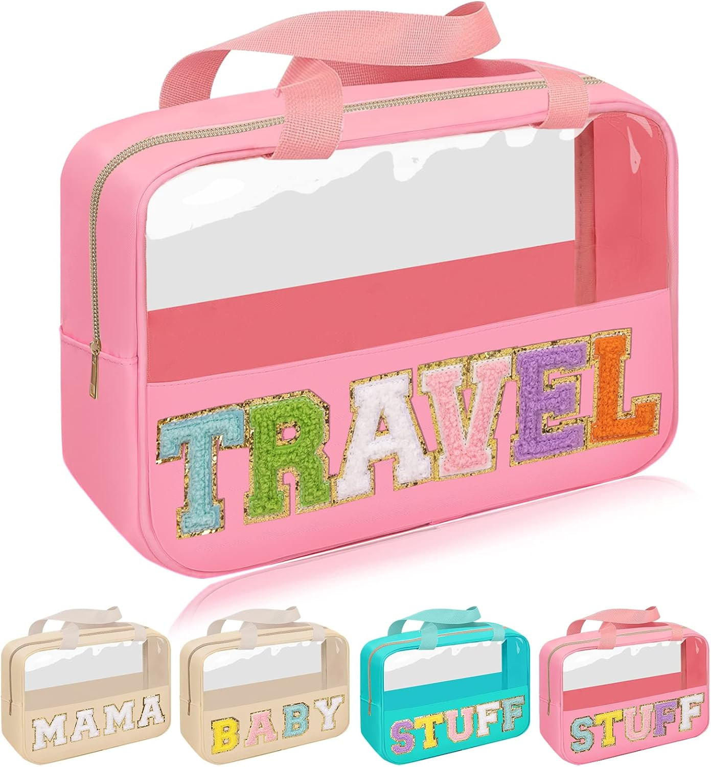 Chenille Letter Patch Travel Bag, Preppy Clear Makeup Cosmetic Bag Large Toiletry Storage Tote Ba... | Amazon (US)