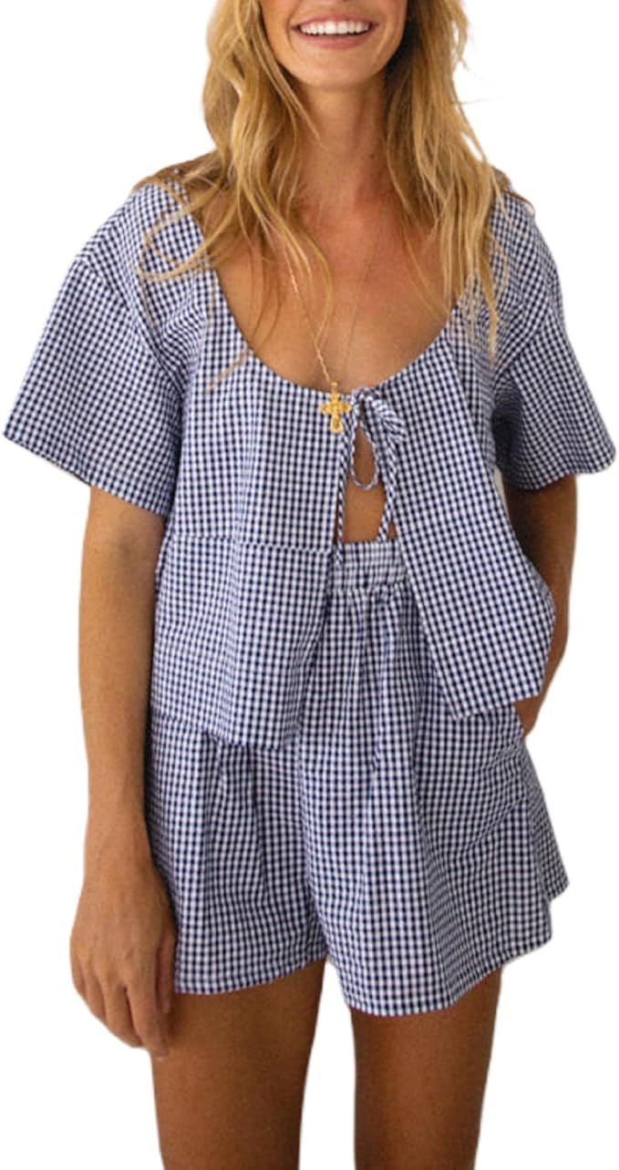 Women Plaid 2 Piece Pajama Shorts Set Tie Front Puff Sleeve Babydoll Shirt Gingham Shorts Pj Set ... | Amazon (US)