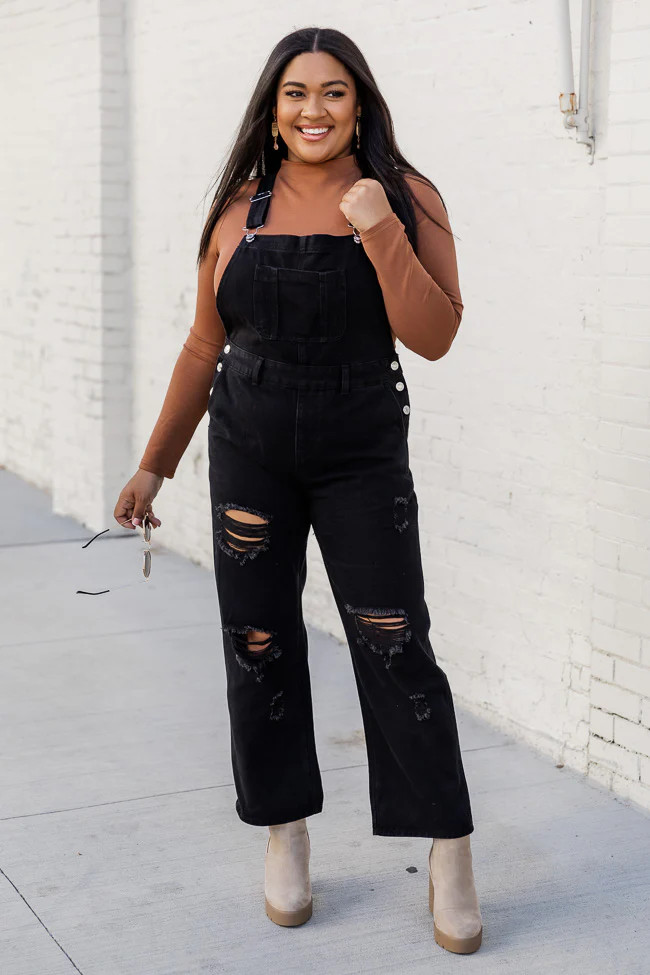 Light Up Your Life Black Distressed Straight Leg Overalls | Pink Lily