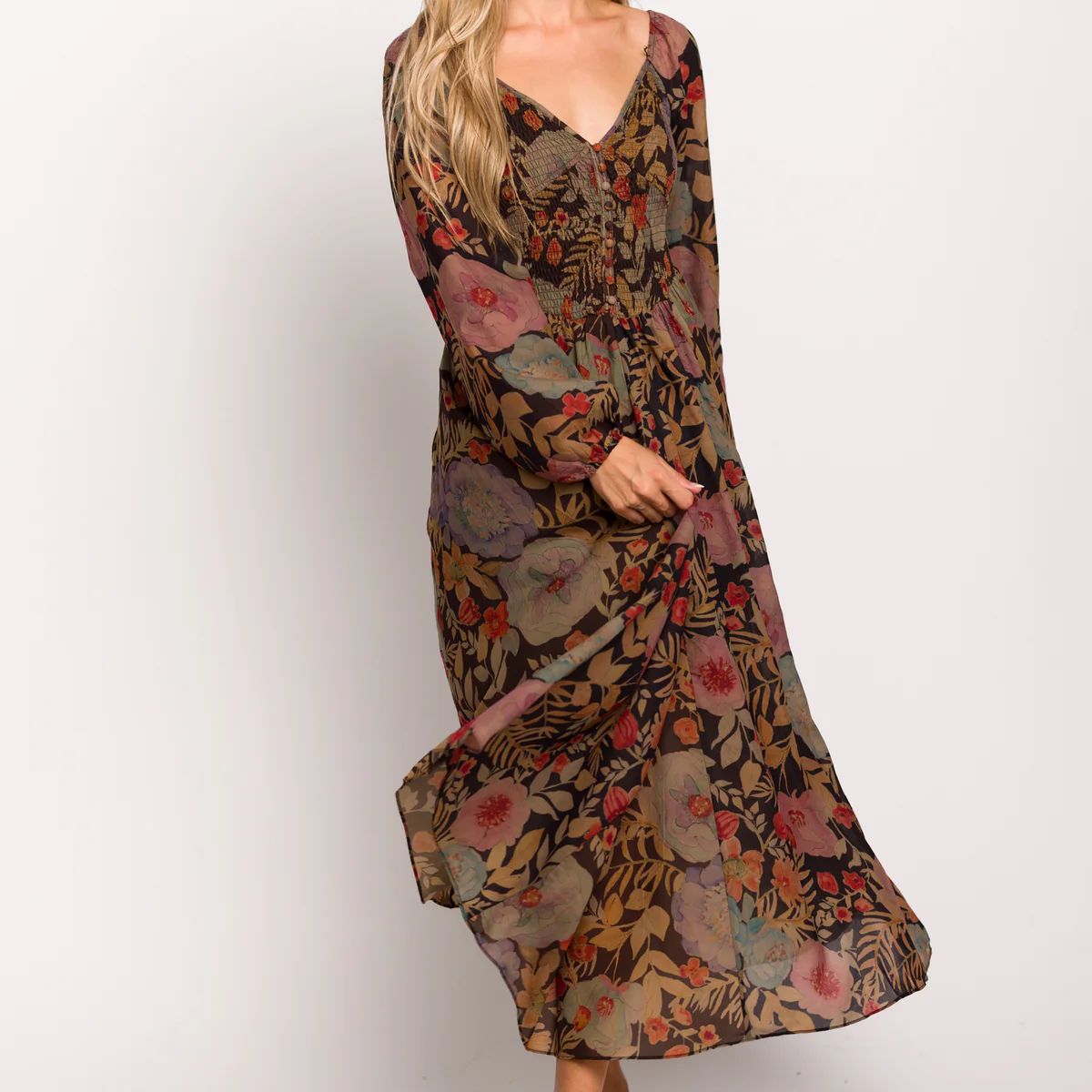 Steph Smocked Button-Front Maxi Dress in Black Floral | Worth Collective