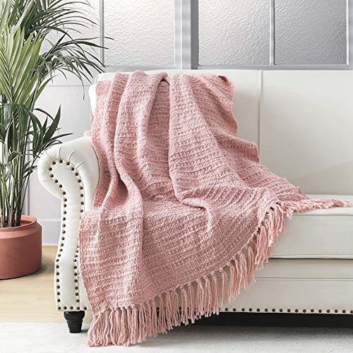 Chunky Knit Throw Blanket, Pink Soft Warm Cozy Bed Throw Blanket with Tassels, Boho Style Textured Knitted Home Decorative Blanket for Couch, Sofa &Bed, 50"x60" | Amazon (US)
