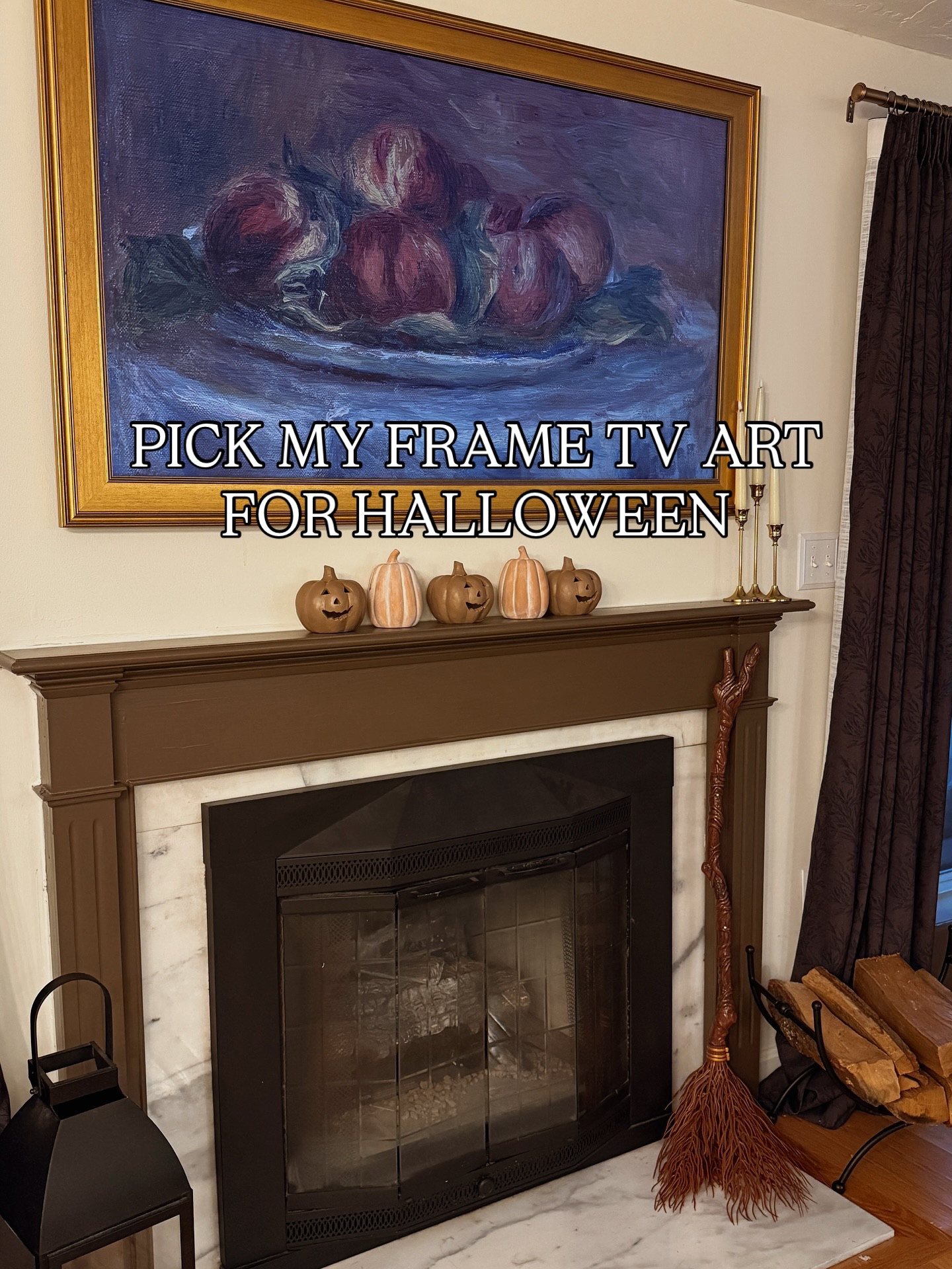 Which option is your favorite!? 🎃👻🧹🍂🥧

#samsungframe #samsungframetv #frametv #frametvart #samsungframeart #halloweendecor #halloweenhomedecor 

Samsung frame tv, tv above a fire place, Halloween decor, Halloween wall art, frame tv art, gold frame on frame tv