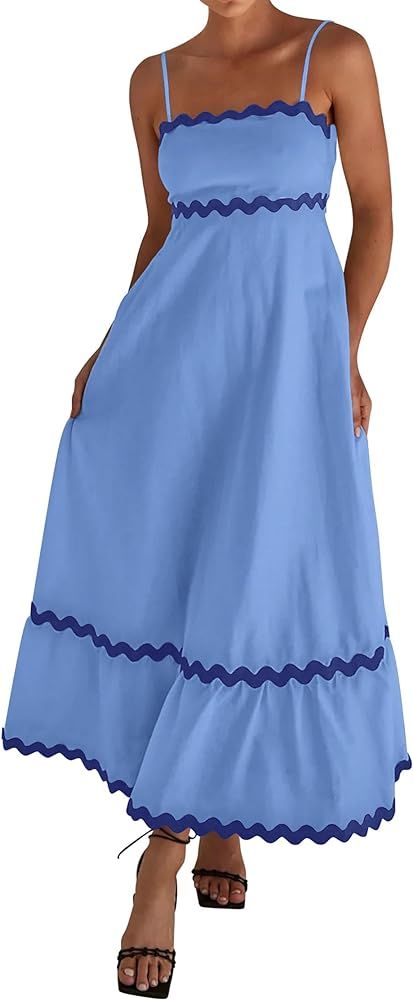 KIRUNDO Womens Summer Dresses Boho Sleeveless Spaghetti Strap Smocked Rickrack Trim Flowy Beach V... | Amazon (US)