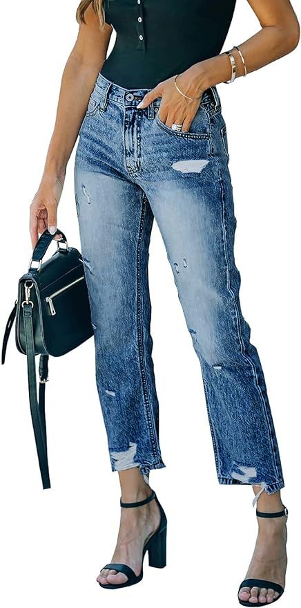 Sidefeel Women Patchwork Destroyed Raw Hem Jeans Ripped Hole Denim Pants | Amazon (US)