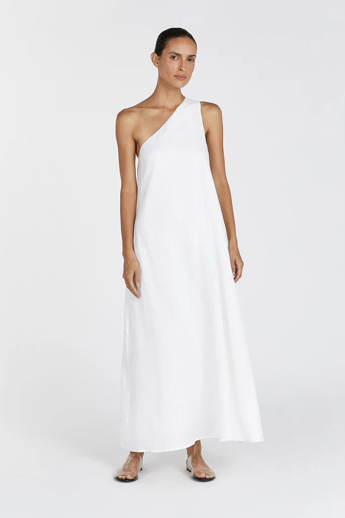 AMBER WHITE ONE SHOULDER LINEN MIDI DRESS | DISSH
