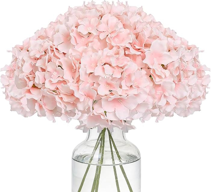Fake Pink Hydrangea Artificial Flowers - Faux Silk Hydrangeas Flowers Heads with Stems Real Touch... | Amazon (US)