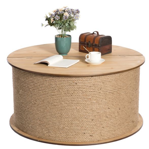 Vintiquewise Decorative Round Spool Shaped Wooden Coffee Table with Rope Lift Top Storage | Target