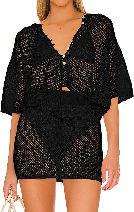 Jumppmile Women's 2 Piece Swimsuit Cover Up Crochet Hollow Out Knitted Bathing Suit Beach Bikini ... | Amazon (US)