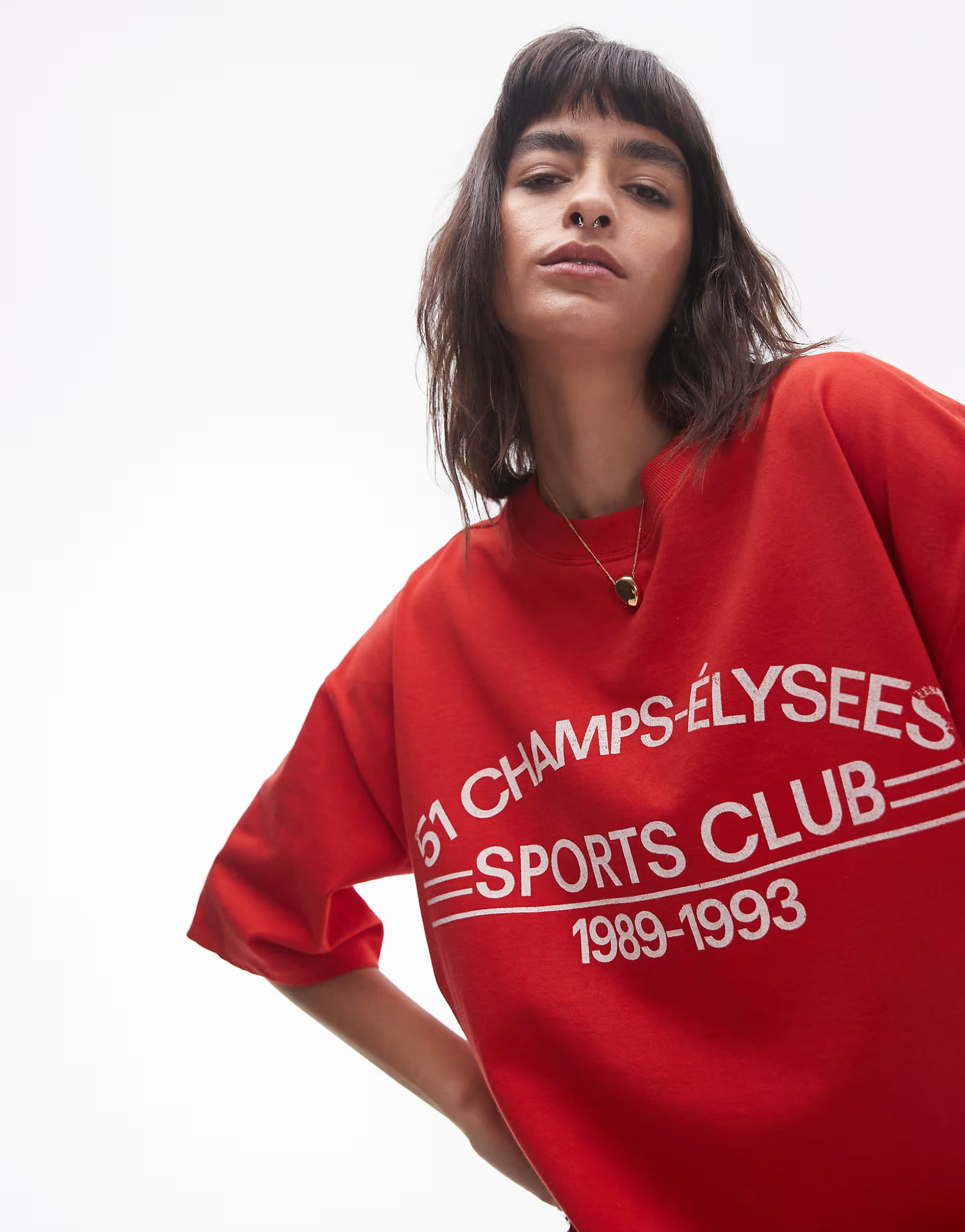 Topshop Champs Elysse oversized graphic tee in red | ASOS (Global)