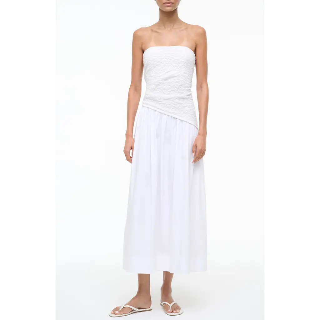 STAUD Nia Strapless Midi Dress in White at Nordstrom, Size Medium | Nordstrom