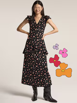 Old Navy x Anna Sui Crepe V-Neck Ruffle Maxi Dress | Old Navy (US)