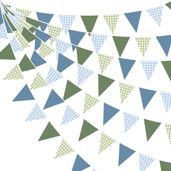 32Ft Blue Green Party Decorations Dusty Blue Sage Green Gingham Fabric Triangle Banner Flag Plaid... | Amazon (US)