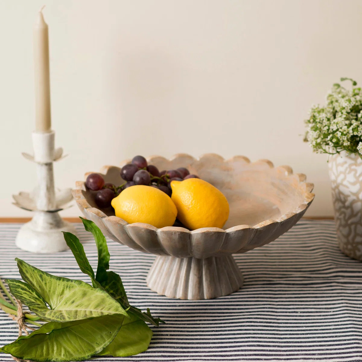 Handcarved Scalloped Edge Fluted Pedestal Bowl, Rustic Gray | Wayfair North America