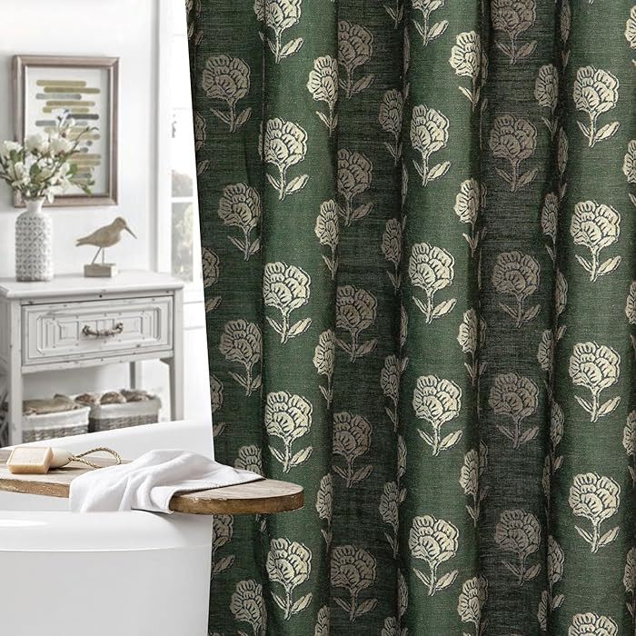 MUGINYU Green Floral Shower Curtain Linen Texture- Vintage Block Print Cottage Core Shower Curtai... | Amazon (US)